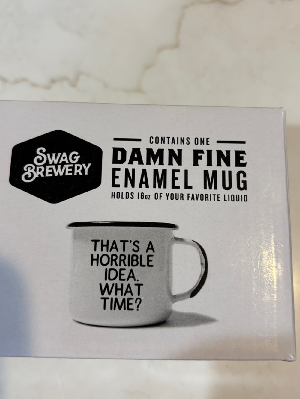 Swag Brewery White Enamel Mug - "That's A Horrible Idea. What Time?" 16 OZ NIB - Picture 4 of 4
